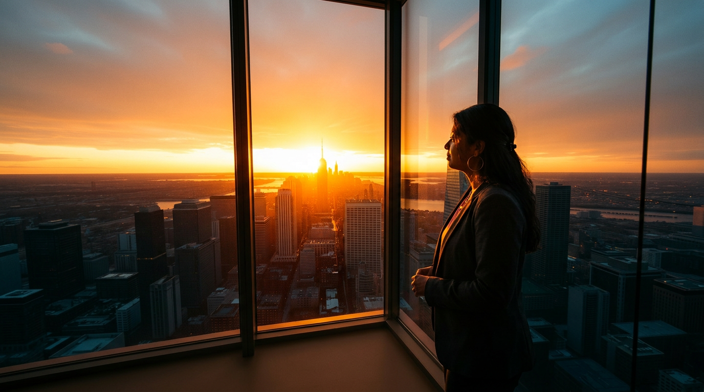 Strategic advisor overlooking city skyline at sunset