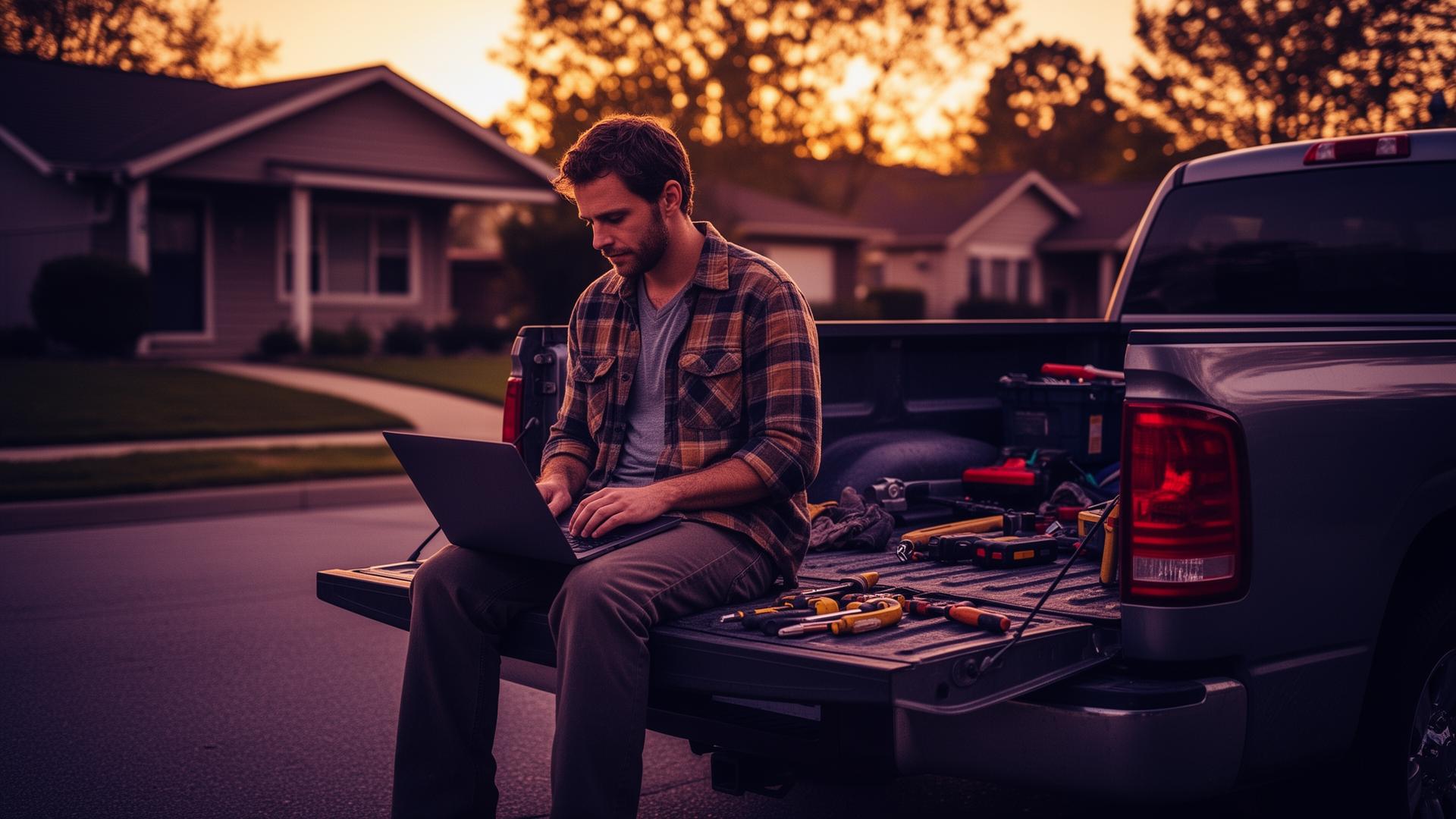 Small business owner working on laptop on pickup truck